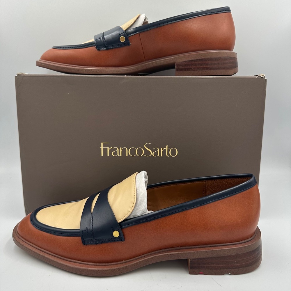 Franco Sarto Edith 2 Loafers Sz 7 Colorblock Preppy Luxe Officecore Brown Navy - Picture 5 of 12